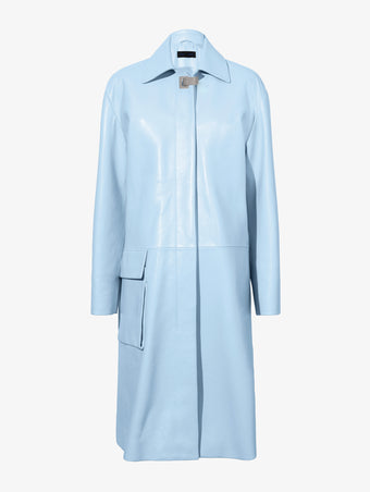 Flat image of Billie Coat In Lacquered Leather in pale lapis