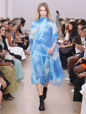 Runway image of model in Judy Skirt In Printed Nylon Jersey in cerulean