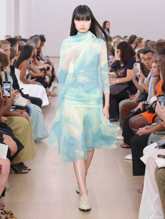 Runway image of model in Judy Skirt In Printed Nylon Jersey in cyan