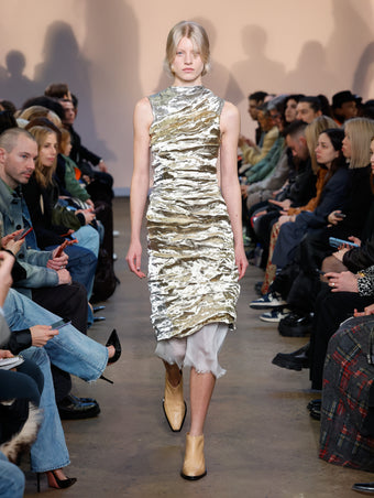 Model in Gold Crushed Metallic Silk Dress and Natural Bronco Ankle Boots