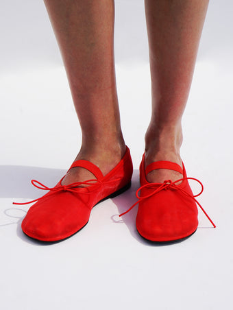 Image of model wearing Glove Mary Jane Ballet Flats in Satin in red