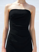 Proenza Schouler detail cropped image of model wearing Shira Strapless Dress In Matte Viscose Crepe in black