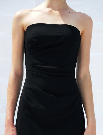 Proenza Schouler detail cropped image of model wearing Shira Strapless Dress In Matte Viscose Crepe in black