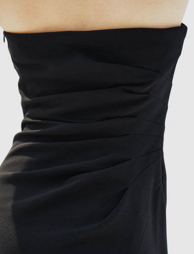 Proenza Schouler detail cropped image of model wearing Shira Strapless Dress In Matte Viscose Crepe in black