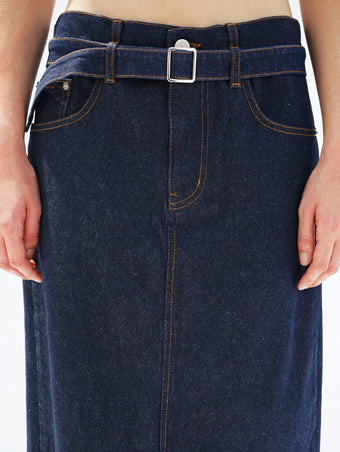 Proenza Schouler detail cropped image of model wearing Calder Skirt in INDIGO