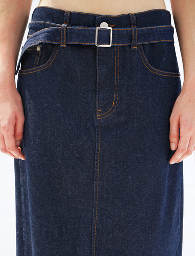 Proenza Schouler detail cropped image of model wearing Calder Skirt in INDIGO