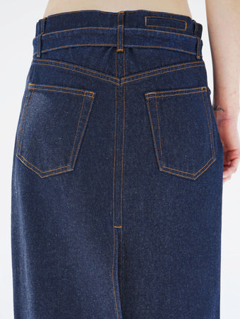 Proenza Schouler detail cropped image of model wearing Calder Skirt in INDIGO