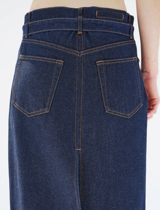 Proenza Schouler detail cropped image of model wearing Calder Skirt in INDIGO