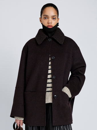 Proenza Schouler Front cropped image of model wearing Lisa Coat in Double Face Wool in Hickory
