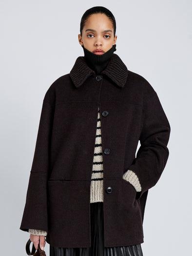 Proenza Schouler Front cropped image of model wearing Lisa Coat in Double Face Wool in Hickory