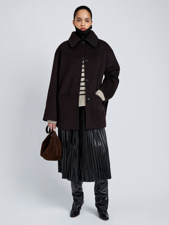 Proenza Schouler Front full length image of model wearing Lisa Coat in Double Face Wool in Hickory