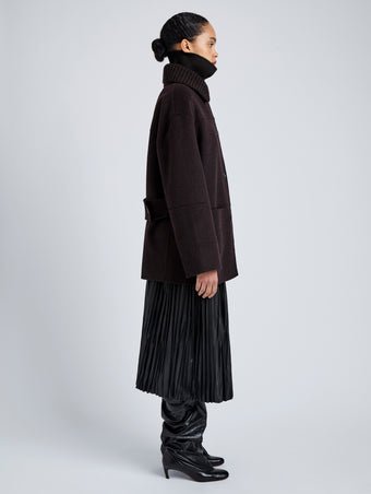 Proenza Schouler Side full length image of model wearing Lisa Coat in Double Face Wool in Hickory