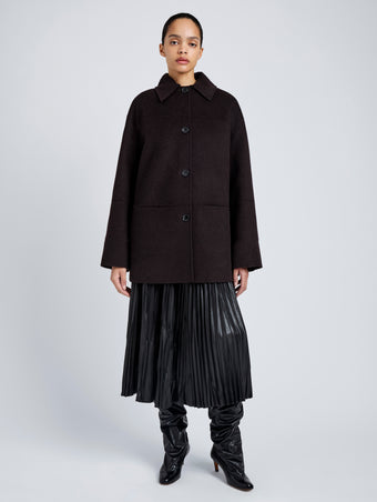 Proenza Schouler Front full length image of model wearing Lisa Coat in Double Face Wool in Hickory