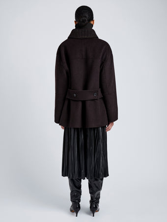 Proenza Schouler Back full length image of model wearing Lisa Coat in Double Face Wool in Hickory