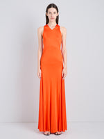 Proenza Schouler Front full length image of model wearing Naia Dress in Viscose Satin Jersey in Tangerine