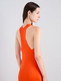 Proenza Schouler Detail image of model wearing Naia Dress in Viscose Satin Jersey in Tangerine