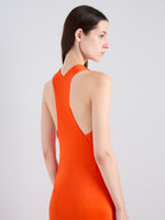 Proenza Schouler Detail image of model wearing Naia Dress in Viscose Satin Jersey in Tangerine