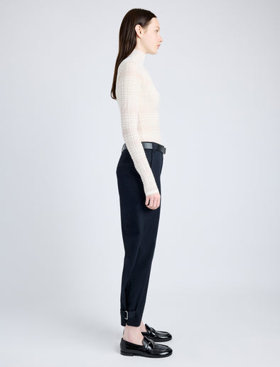 Side full length image of model wearing Cotton Twill Tapered Pants in BLACK