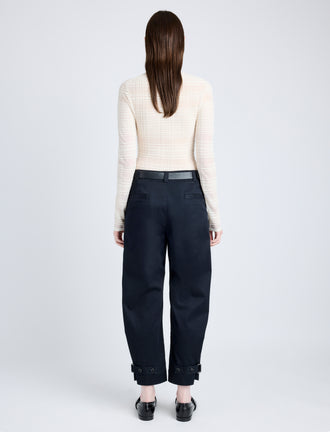 Back full length image of model wearing Cotton Twill Tapered Pants in BLACK