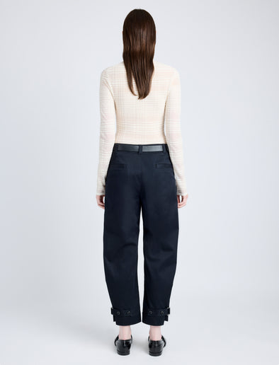 Back full length image of model wearing Cotton Twill Tapered Pants in BLACK