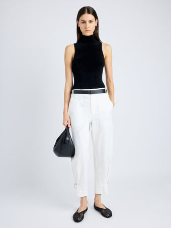 Front full length image of model wearing Cotton Twill Tapered Pants in OFF WHITE