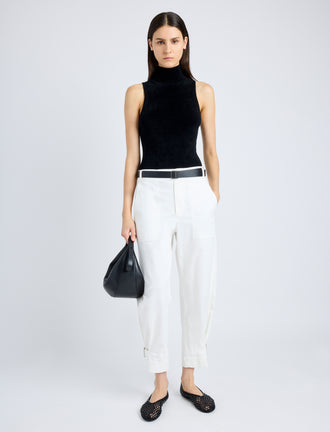 Front full length image of model wearing Cotton Twill Tapered Pants in OFF WHITE