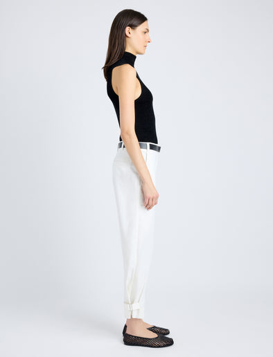 Side full length image of model wearing Cotton Twill Tapered Pants in OFF WHITE