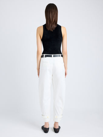 Back full length image of model wearing Cotton Twill Tapered Pants in OFF WHITE