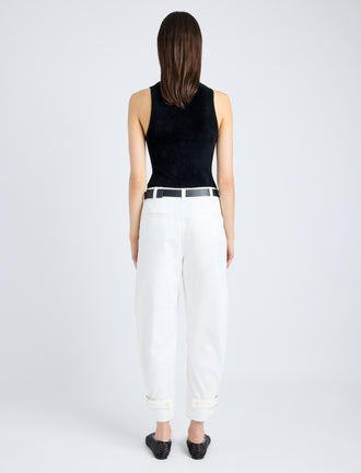 Back full length image of model wearing Cotton Twill Tapered Pants in OFF WHITE